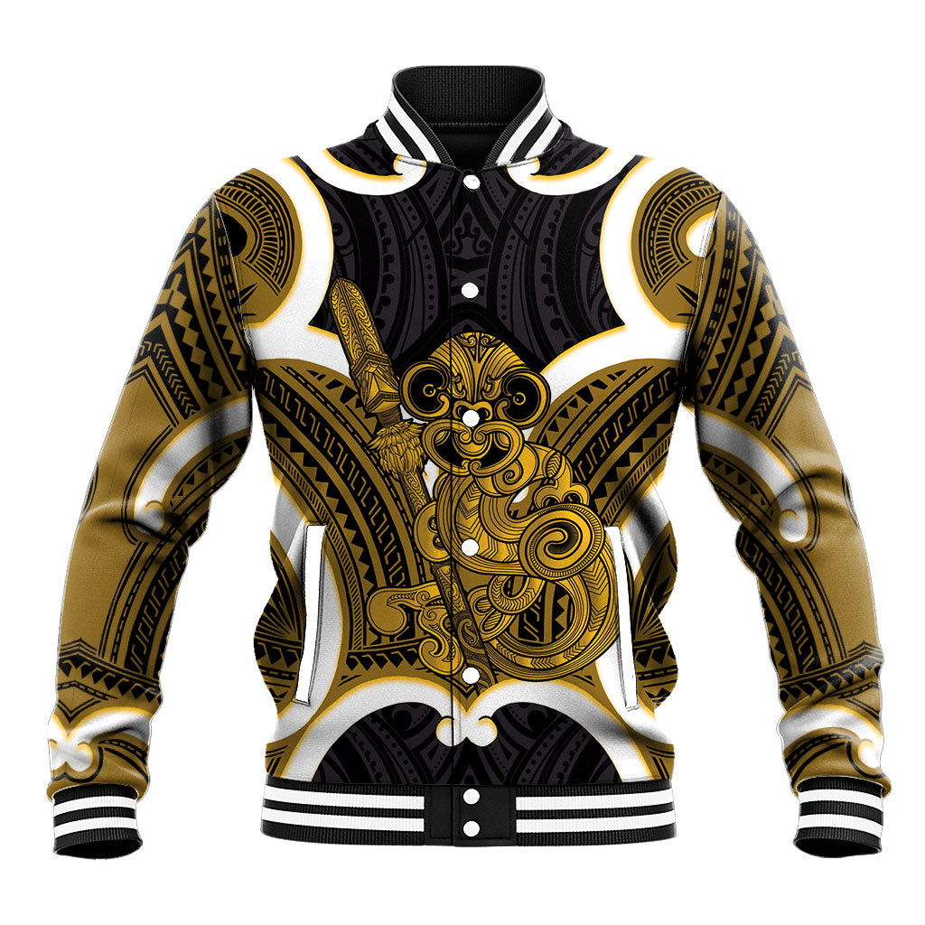 Kowhai Aotearoa Atua Tumatauenga Personalised Baseball Jacket Maori God Of War Tiki With Taiaha LT14 Unisex Yellow - Polynesian Pride