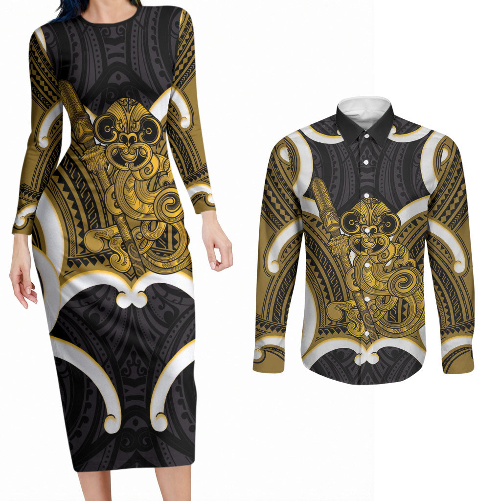 Kowhai Aotearoa Atua Tumatauenga Personalised Couples Matching Long Sleeve Bodycon Dress and Long Sleeve Button Shirt Maori God Of War Tiki With Taiaha LT14 Yellow - Polynesian Pride