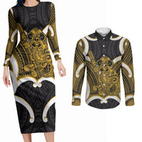 Kowhai Aotearoa Atua Tumatauenga Personalised Couples Matching Long Sleeve Bodycon Dress and Long Sleeve Button Shirt Maori God Of War Tiki With Taiaha LT14 Yellow - Polynesian Pride