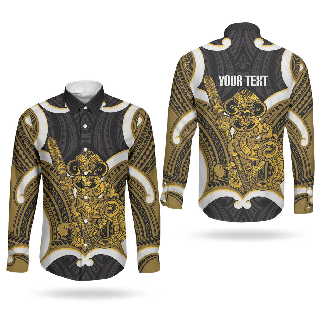 Kowhai Aotearoa Atua Tumatauenga Personalised Couples Matching Long Sleeve Bodycon Dress and Long Sleeve Button Shirt Maori God Of War Tiki With Taiaha LT14 - Polynesian Pride
