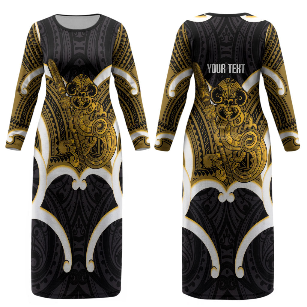 Kowhai Aotearoa Atua Tumatauenga Personalised Couples Matching Long Sleeve Bodycon Dress and Long Sleeve Button Shirt Maori God Of War Tiki With Taiaha LT14 - Polynesian Pride