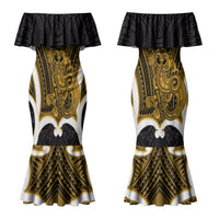 Kowhai Aotearoa Atua Tumatauenga Personalised Couples Matching Mermaid Dress and Long Sleeve Button Shirt Maori God Of War Tiki With Taiaha LT14 - Polynesian Pride