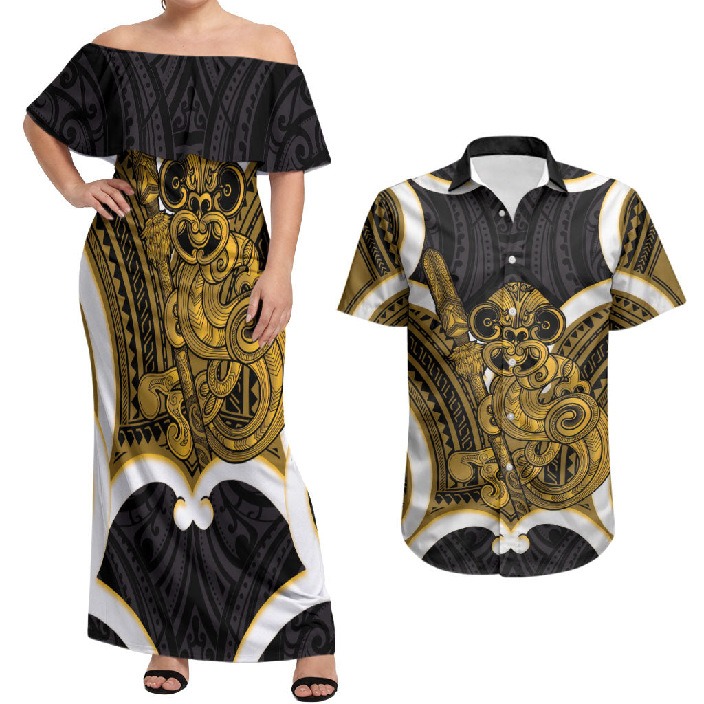 Kowhai Aotearoa Atua Tumatauenga Personalised Couples Matching Off Shoulder Maxi Dress and Hawaiian Shirt Maori God Of War Tiki With Taiaha LT14 Yellow - Polynesian Pride