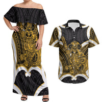 Kowhai Aotearoa Atua Tumatauenga Personalised Couples Matching Off Shoulder Maxi Dress and Hawaiian Shirt Maori God Of War Tiki With Taiaha LT14 Yellow - Polynesian Pride