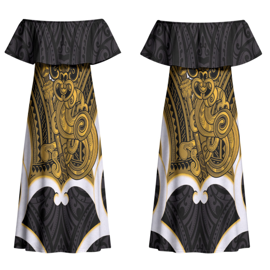 Kowhai Aotearoa Atua Tumatauenga Personalised Couples Matching Off Shoulder Maxi Dress and Hawaiian Shirt Maori God Of War Tiki With Taiaha LT14 - Polynesian Pride