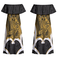 Kowhai Aotearoa Atua Tumatauenga Personalised Couples Matching Off Shoulder Maxi Dress and Hawaiian Shirt Maori God Of War Tiki With Taiaha LT14 - Polynesian Pride