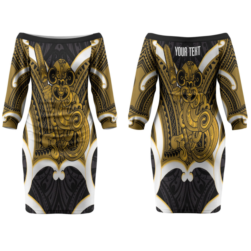 Kowhai Aotearoa Atua Tumatauenga Personalised Couples Matching Off The Shoulder Long Sleeve Dress and Hawaiian Shirt Maori God Of War Tiki With Taiaha LT14 - Polynesian Pride