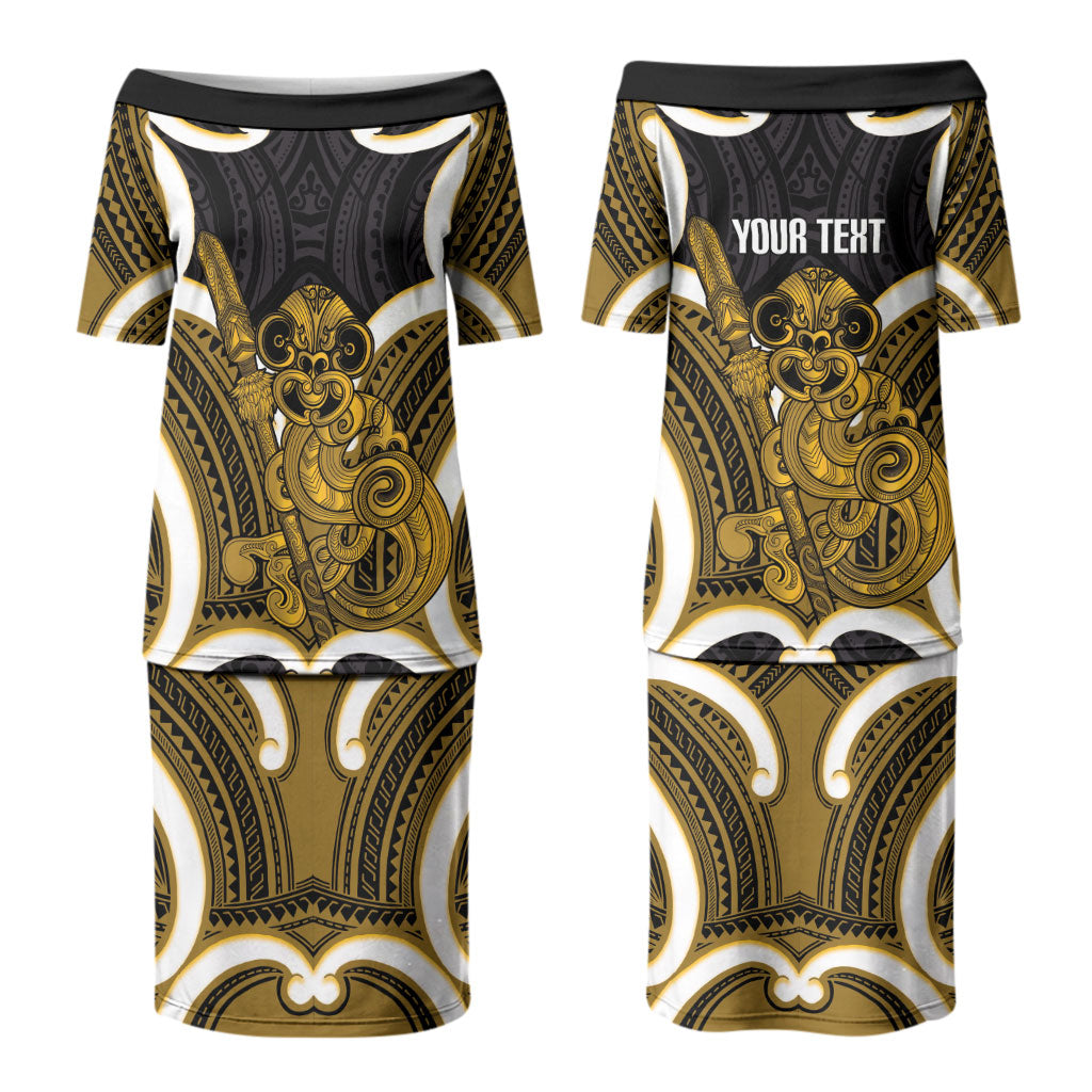 Kowhai Aotearoa Atua Tumatauenga Personalised Couples Matching Puletasi and Hawaiian Shirt Maori God Of War Tiki With Taiaha LT14 - Polynesian Pride