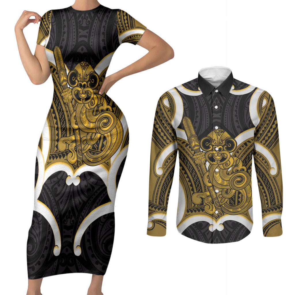 Kowhai Aotearoa Atua Tumatauenga Personalised Couples Matching Short Sleeve Bodycon Dress and Long Sleeve Button Shirt Maori God Of War Tiki With Taiaha LT14 Yellow - Polynesian Pride