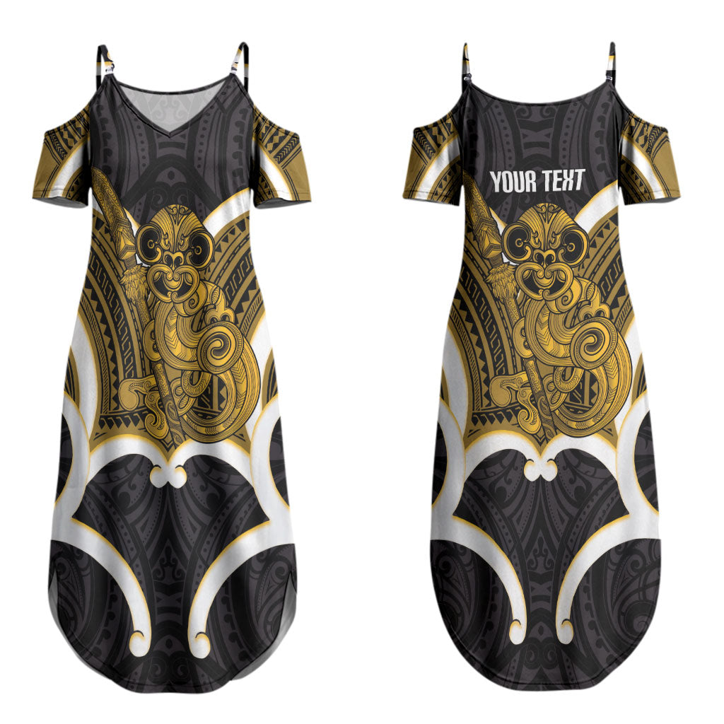 Kowhai Aotearoa Atua Tumatauenga Personalised Couples Matching Summer Maxi Dress and Long Sleeve Button Shirt Maori God Of War Tiki With Taiaha LT14 - Polynesian Pride