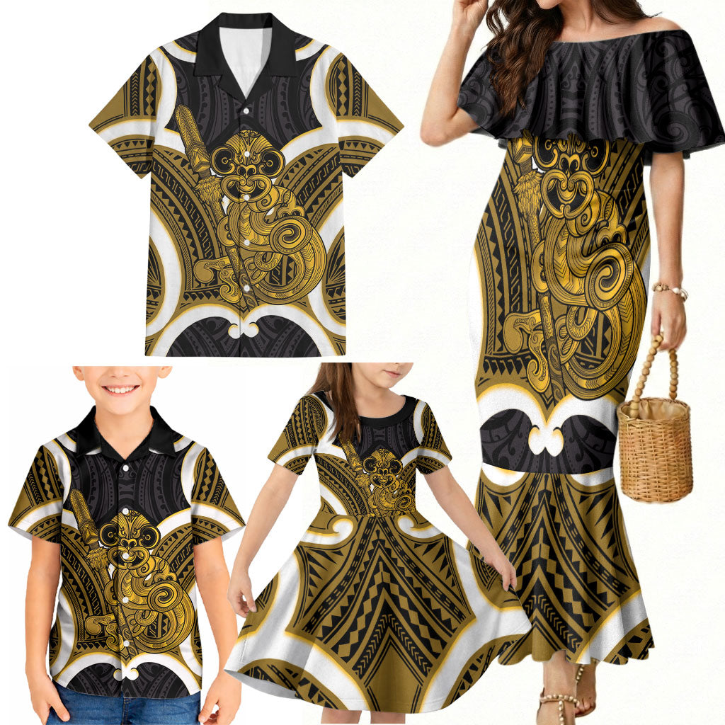 Kowhai Aotearoa Atua Tumatauenga Personalised Family Matching Mermaid Dress and Hawaiian Shirt Maori God Of War Tiki With Taiaha LT14 - Polynesian Pride