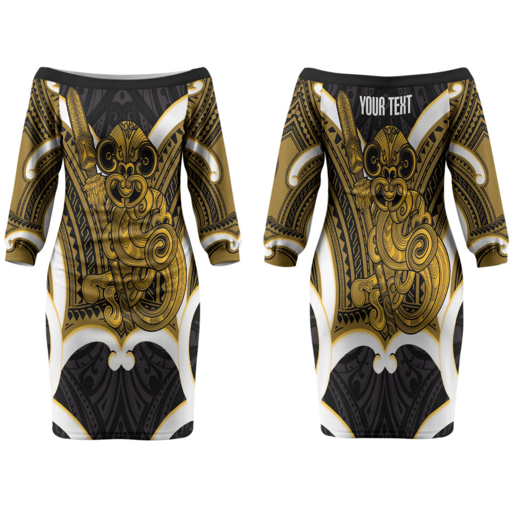 Kowhai Aotearoa Atua Tumatauenga Personalised Family Matching Off The Shoulder Long Sleeve Dress and Hawaiian Shirt Maori God Of War Tiki With Taiaha LT14 Mom's Dress Yellow - Polynesian Pride