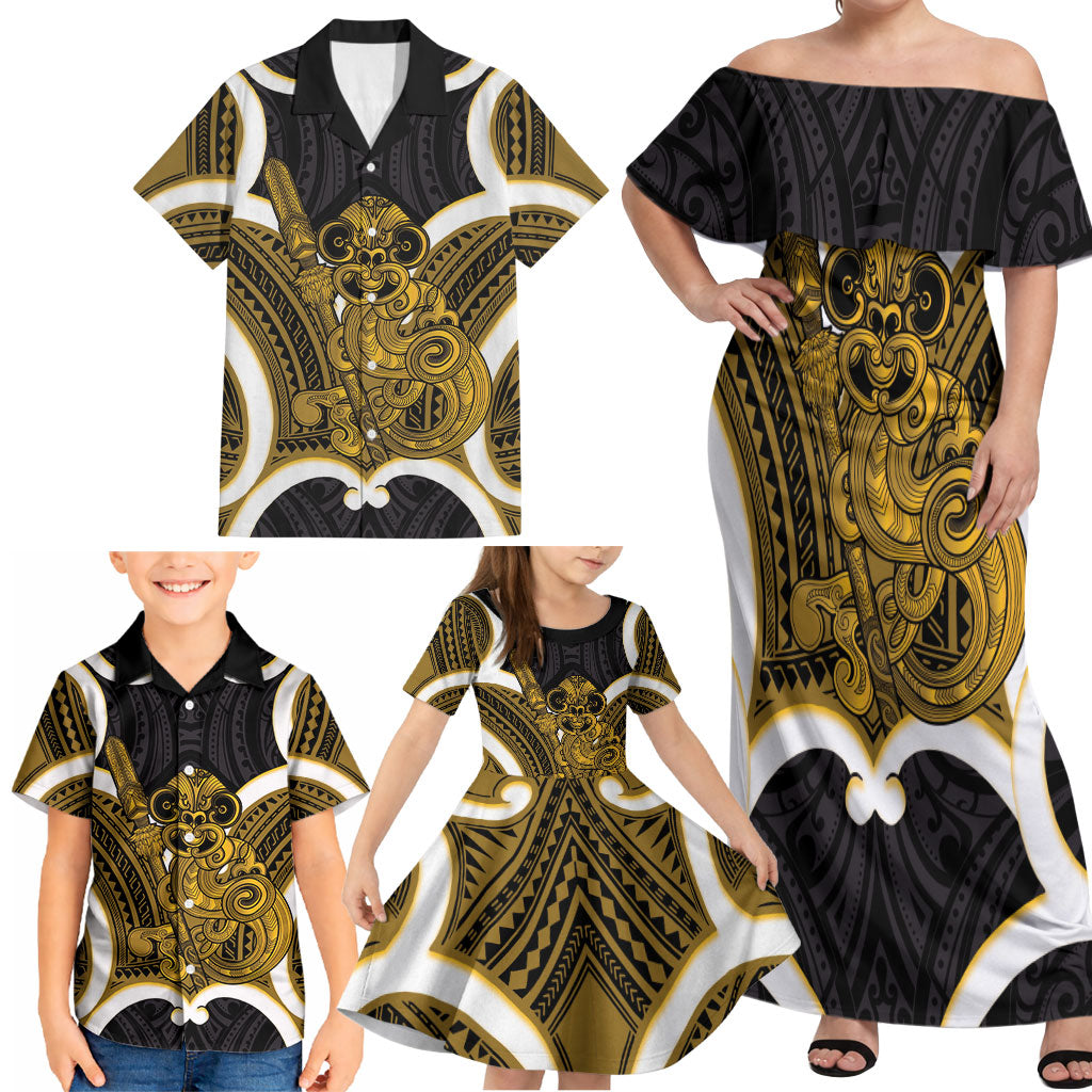 Kowhai Aotearoa Atua Tumatauenga Personalised Family Matching Off Shoulder Maxi Dress and Hawaiian Shirt Maori God Of War Tiki With Taiaha LT14 - Polynesian Pride