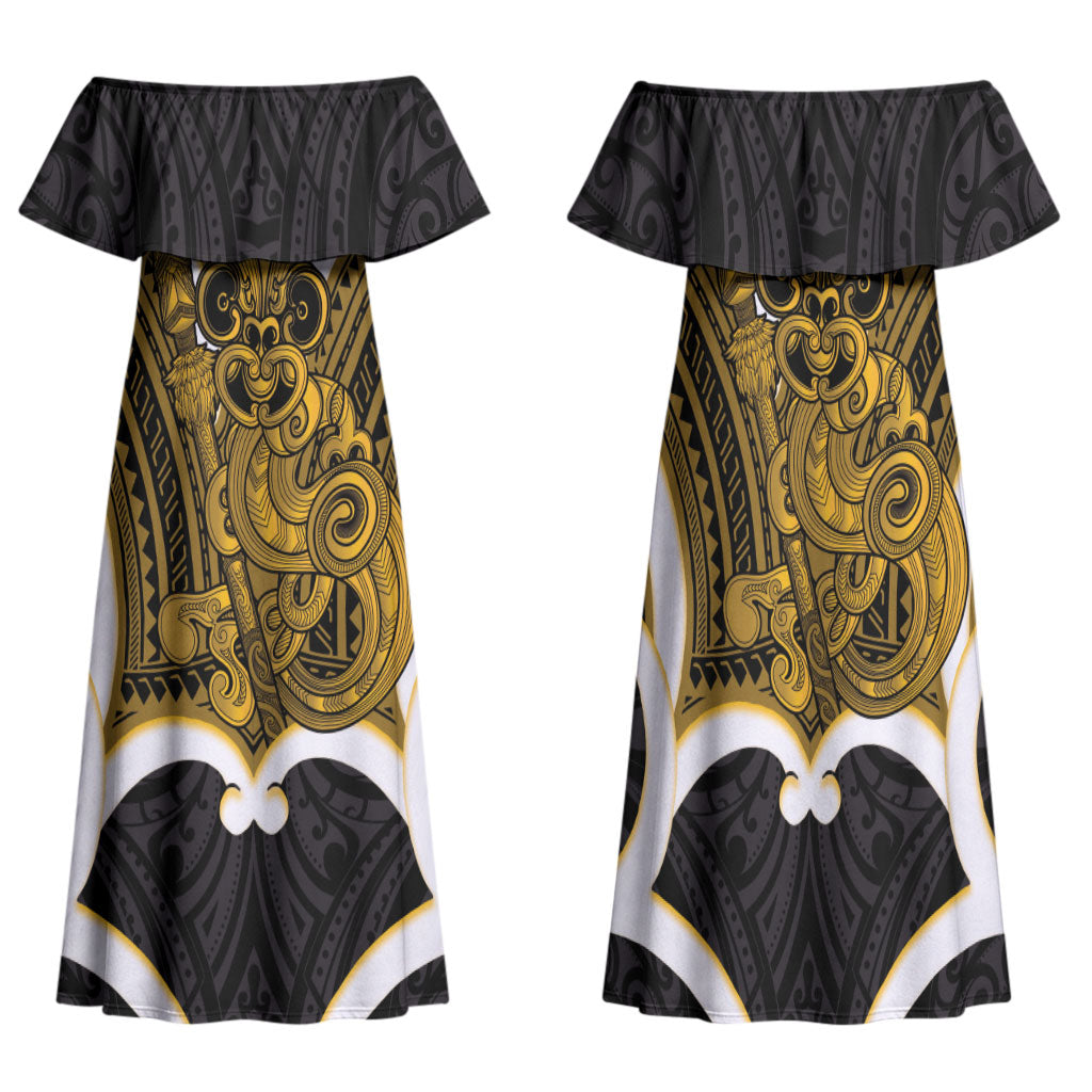 Kowhai Aotearoa Atua Tumatauenga Personalised Family Matching Off Shoulder Maxi Dress and Hawaiian Shirt Maori God Of War Tiki With Taiaha LT14 Mom's Dress Yellow - Polynesian Pride