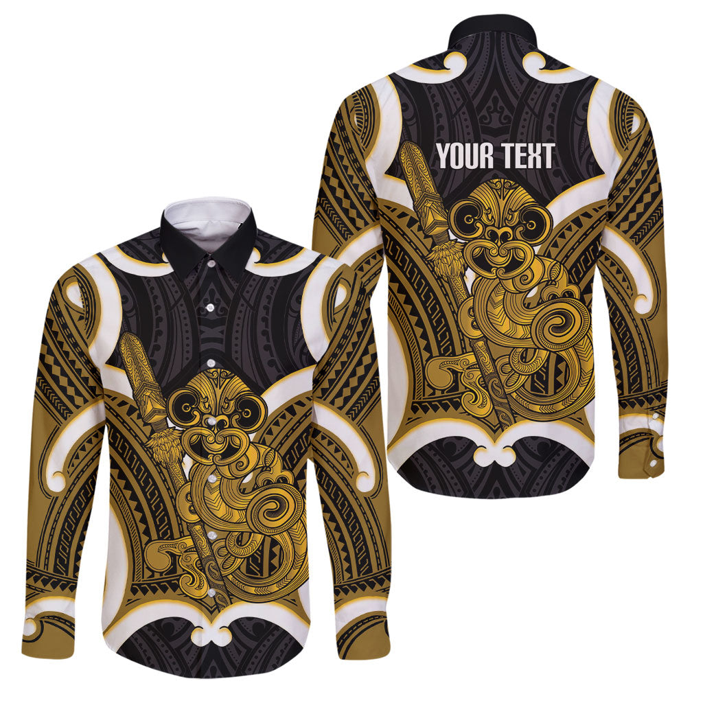Kowhai Aotearoa Atua Tumatauenga Personalised Family Matching Off Shoulder Maxi Dress and Hawaiian Shirt Maori God Of War Tiki With Taiaha LT14 Dad's Shirt - Long Sleeve Yellow - Polynesian Pride