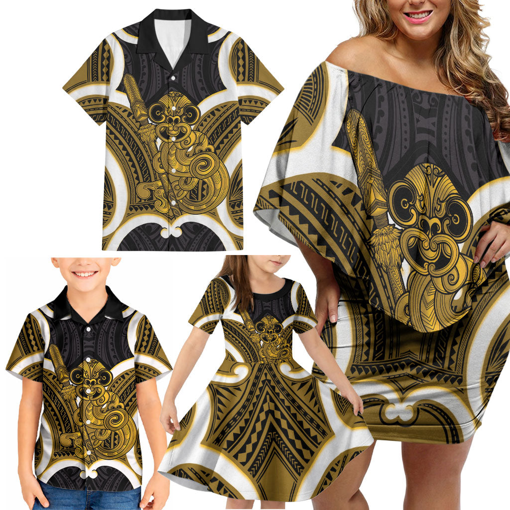 Kowhai Aotearoa Atua Tumatauenga Personalised Family Matching Off Shoulder Short Dress and Hawaiian Shirt Maori God Of War Tiki With Taiaha LT14 - Polynesian Pride