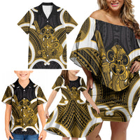 Kowhai Aotearoa Atua Tumatauenga Personalised Family Matching Off Shoulder Short Dress and Hawaiian Shirt Maori God Of War Tiki With Taiaha LT14 - Polynesian Pride