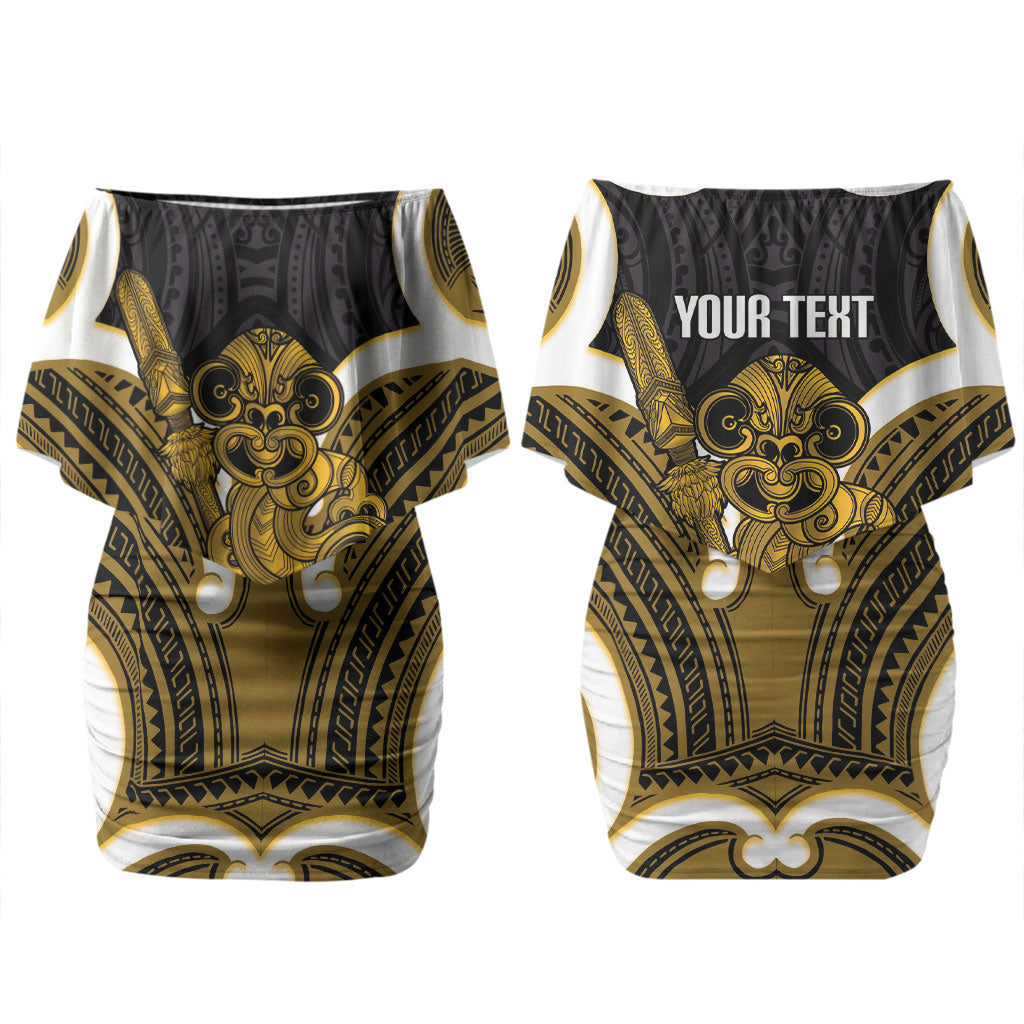 Kowhai Aotearoa Atua Tumatauenga Personalised Family Matching Off Shoulder Short Dress and Hawaiian Shirt Maori God Of War Tiki With Taiaha LT14 Mom's Dress Yellow - Polynesian Pride