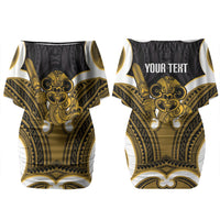 Kowhai Aotearoa Atua Tumatauenga Personalised Family Matching Off Shoulder Short Dress and Hawaiian Shirt Maori God Of War Tiki With Taiaha LT14 Mom's Dress Yellow - Polynesian Pride