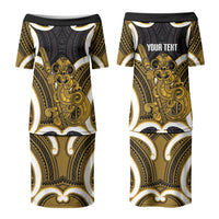 Kowhai Aotearoa Atua Tumatauenga Personalised Family Matching Puletasi and Hawaiian Shirt Maori God Of War Tiki With Taiaha LT14 Mom's Dress Yellow - Polynesian Pride