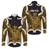 Kowhai Aotearoa Atua Tumatauenga Personalised Family Matching Puletasi and Hawaiian Shirt Maori God Of War Tiki With Taiaha LT14 Dad's Shirt - Long Sleeve Yellow - Polynesian Pride