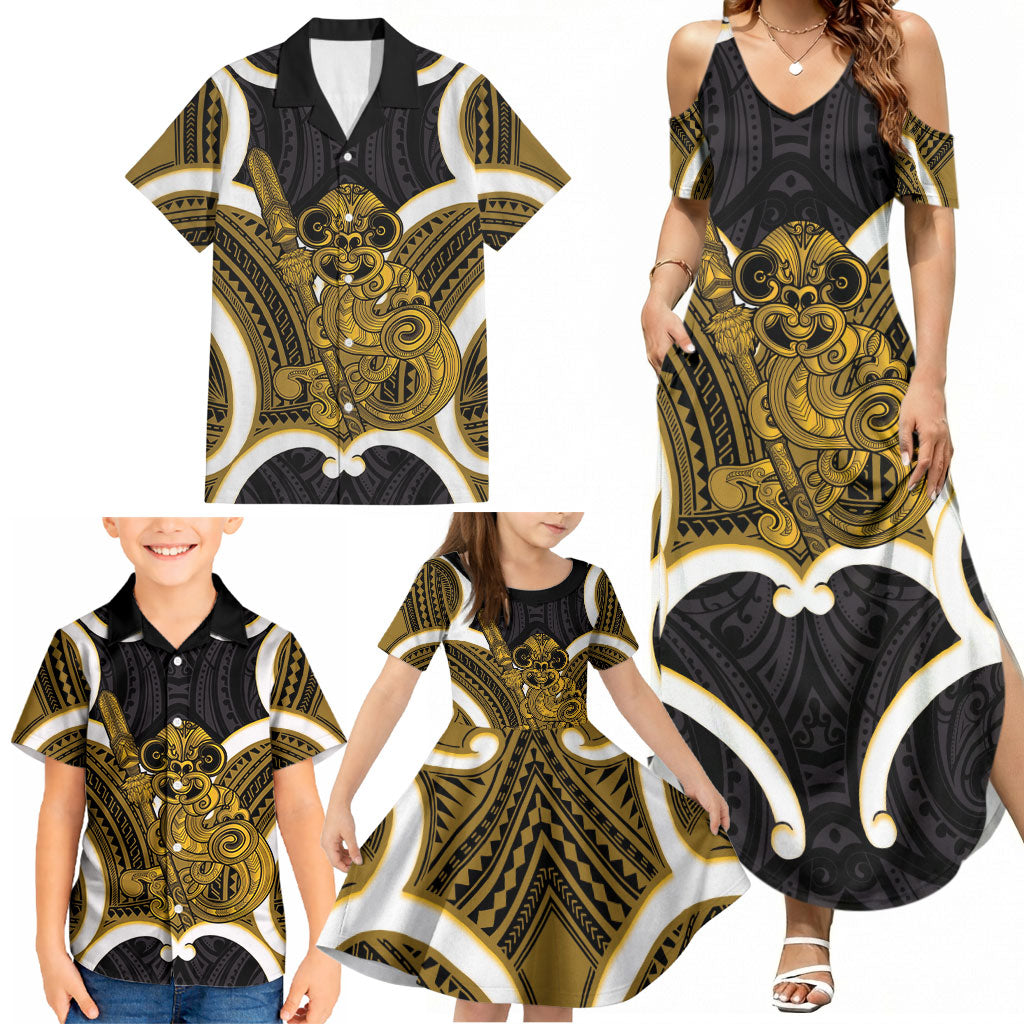 Kowhai Aotearoa Atua Tumatauenga Personalised Family Matching Summer Maxi Dress and Hawaiian Shirt Maori God Of War Tiki With Taiaha LT14 - Polynesian Pride