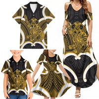 Kowhai Aotearoa Atua Tumatauenga Personalised Family Matching Summer Maxi Dress and Hawaiian Shirt Maori God Of War Tiki With Taiaha LT14 - Polynesian Pride