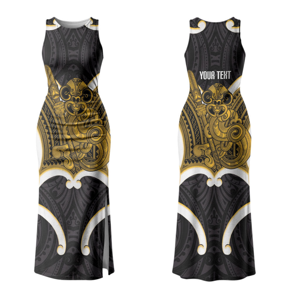 Kowhai Aotearoa Atua Tumatauenga Personalised Family Matching Tank Maxi Dress and Hawaiian Shirt Maori God Of War Tiki With Taiaha LT14 Mom's Dress Yellow - Polynesian Pride