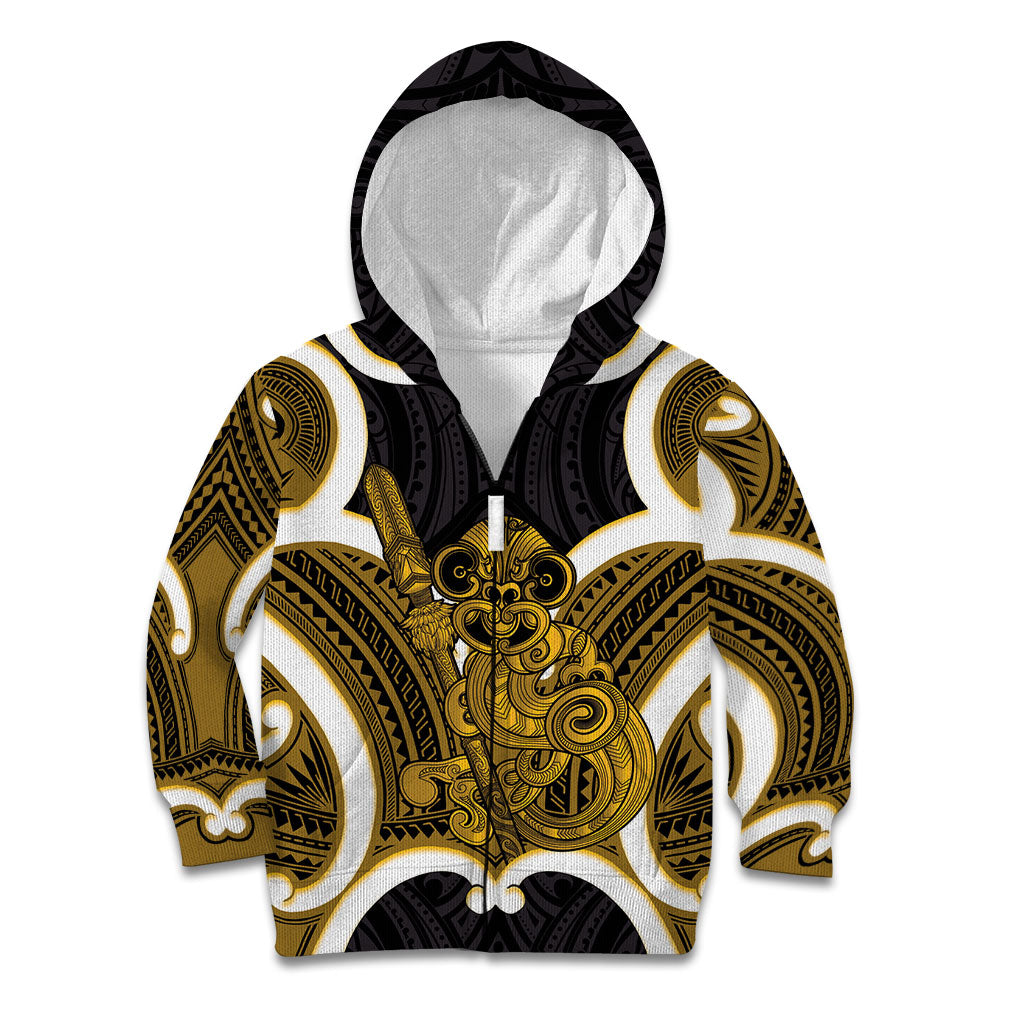 Kowhai Aotearoa Atua Tumatauenga Personalised Kid Hoodie Maori God Of War Tiki With Taiaha LT14 Zip Hoodie Yellow - Polynesian Pride