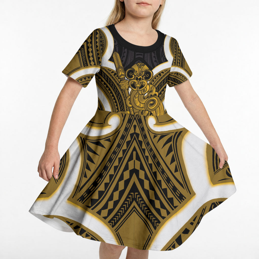 Kowhai Aotearoa Atua Tumatauenga Personalised Kid Short Sleeve Dress Maori God Of War Tiki With Taiaha LT14 - Polynesian Pride