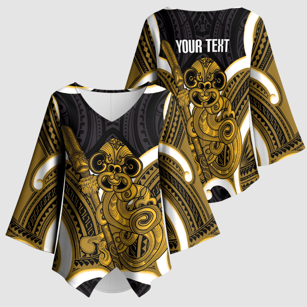 Kowhai Aotearoa Atua Tumatauenga Personalised Kimono Sleeve Blouse Maori God Of War Tiki With Taiaha LT14 - Polynesian Pride