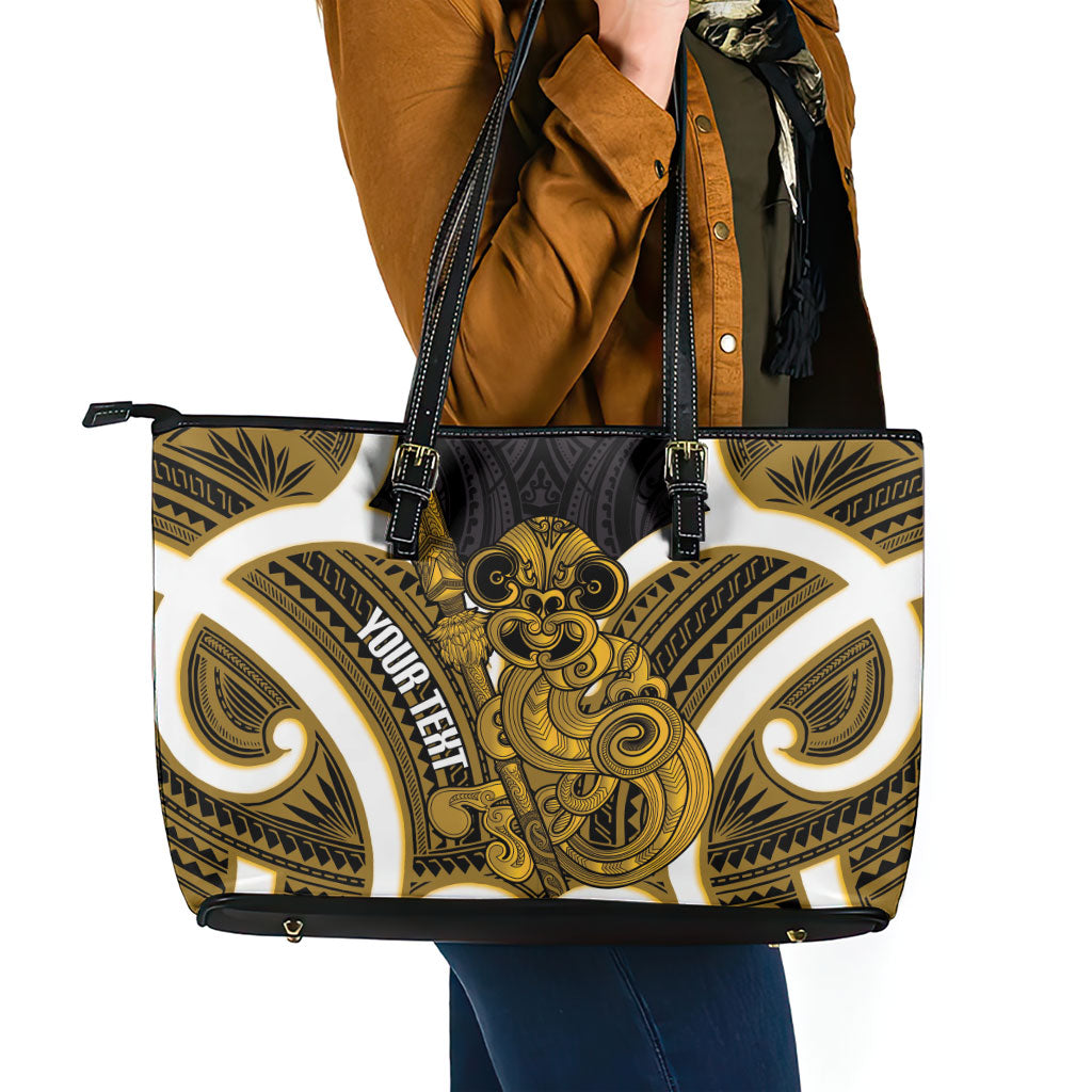 Kowhai Aotearoa Atua Tumatauenga Personalised Leather Tote Bag Maori God Of War Tiki With Taiaha LT14 - Polynesian Pride