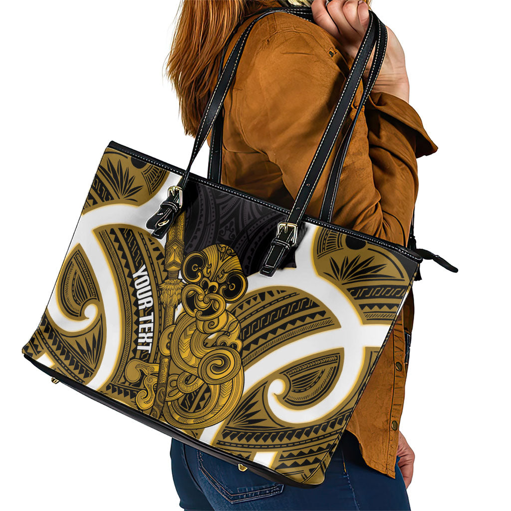 Kowhai Aotearoa Atua Tumatauenga Personalised Leather Tote Bag Maori God Of War Tiki With Taiaha LT14 - Polynesian Pride