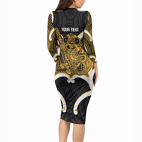 Kowhai Aotearoa Atua Tumatauenga Personalised Long Sleeve Bodycon Dress Maori God Of War Tiki With Taiaha LT14 - Polynesian Pride