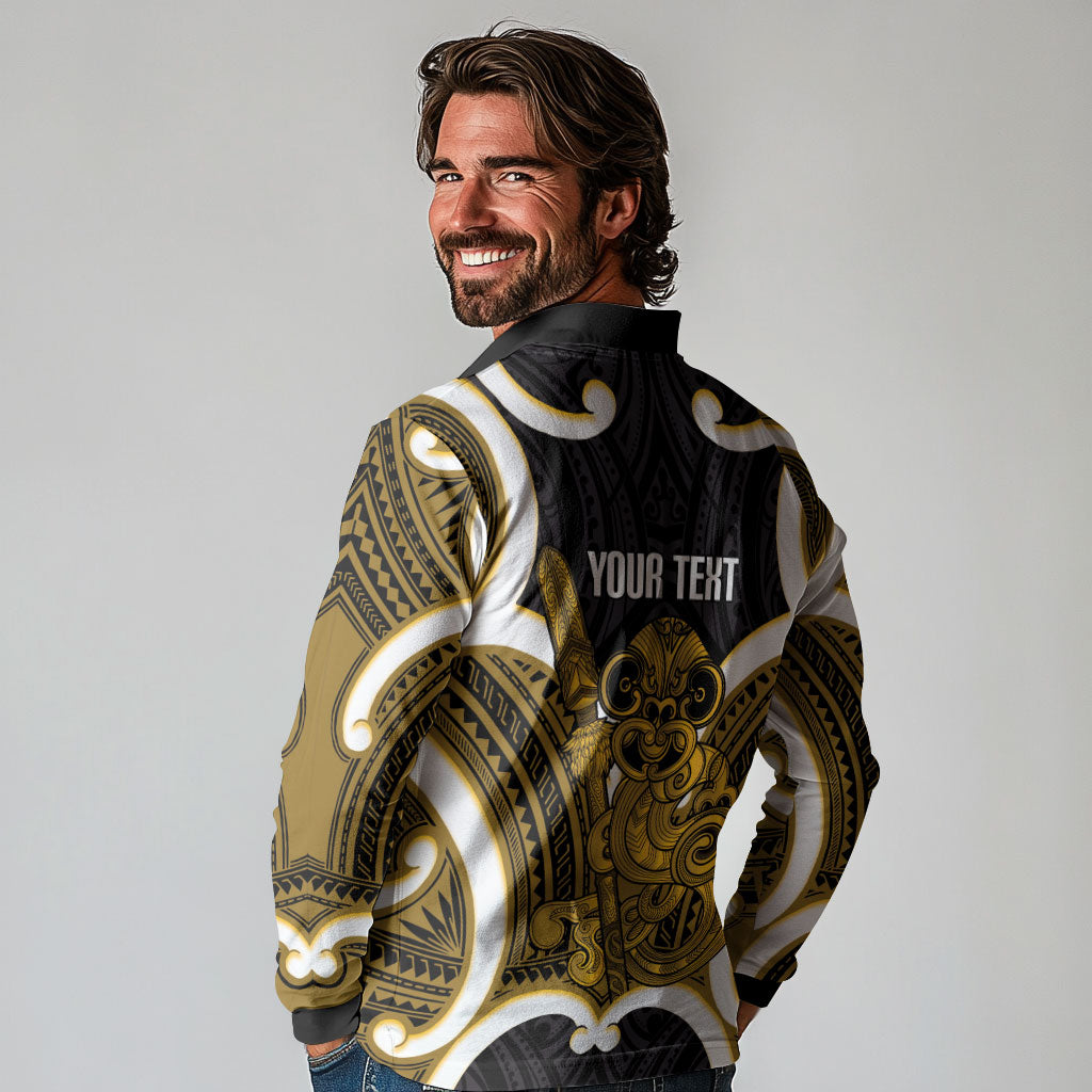 Kowhai Aotearoa Atua Tumatauenga Personalised Long Sleeve Polo Shirt Maori God Of War Tiki With Taiaha LT14 - Polynesian Pride