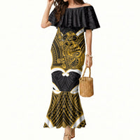 Kowhai Aotearoa Atua Tumatauenga Personalised Mermaid Dress Maori God Of War Tiki With Taiaha LT14 Women Yellow - Polynesian Pride