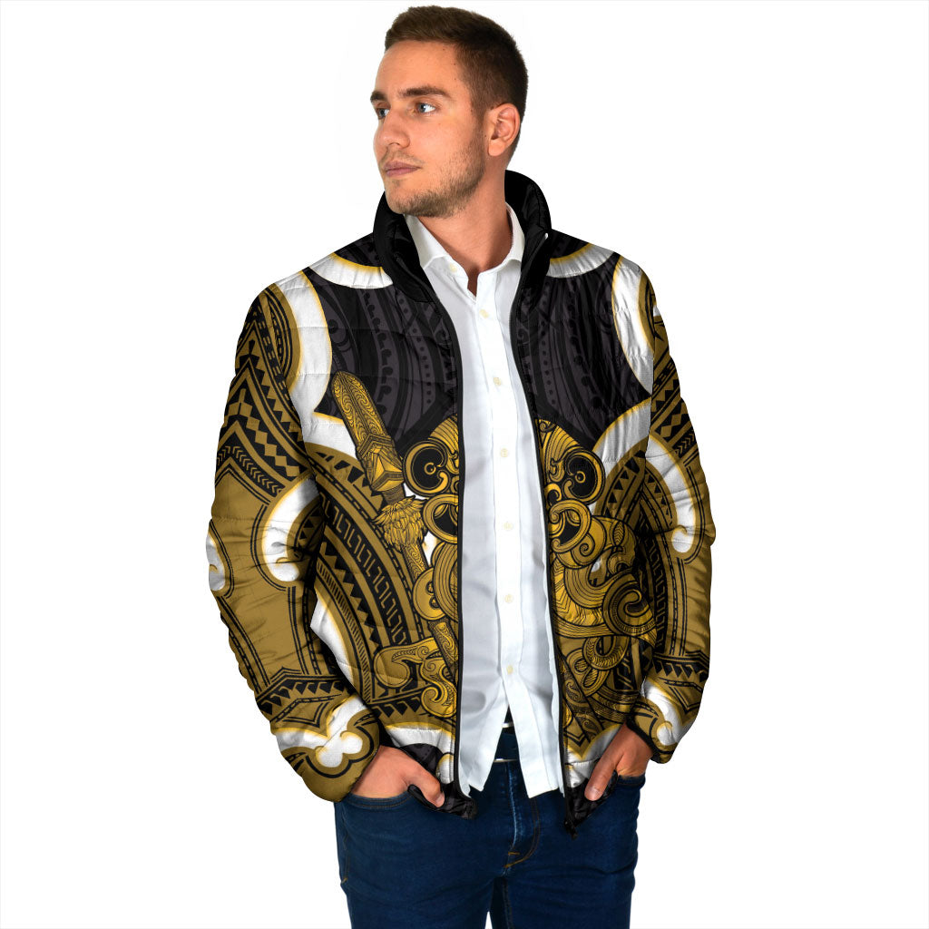 Kowhai Aotearoa Atua Tumatauenga Personalised Padded Jacket Maori God Of War Tiki With Taiaha LT14 - Polynesian Pride