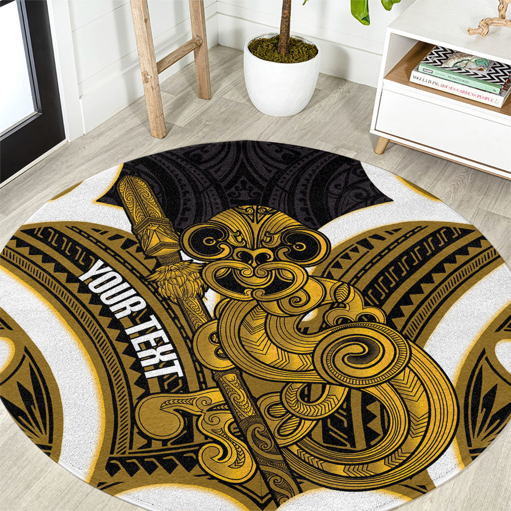 Kowhai Aotearoa Atua Tumatauenga Personalised Round Carpet Maori God Of War Tiki With Taiaha LT14 Yellow - Polynesian Pride