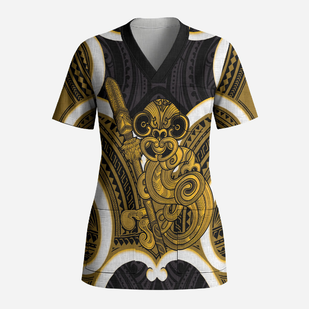 Kowhai Aotearoa Atua Tumatauenga Personalised Scrub Top Maori God Of War Tiki With Taiaha LT14 Adult Yellow - Polynesian Pride