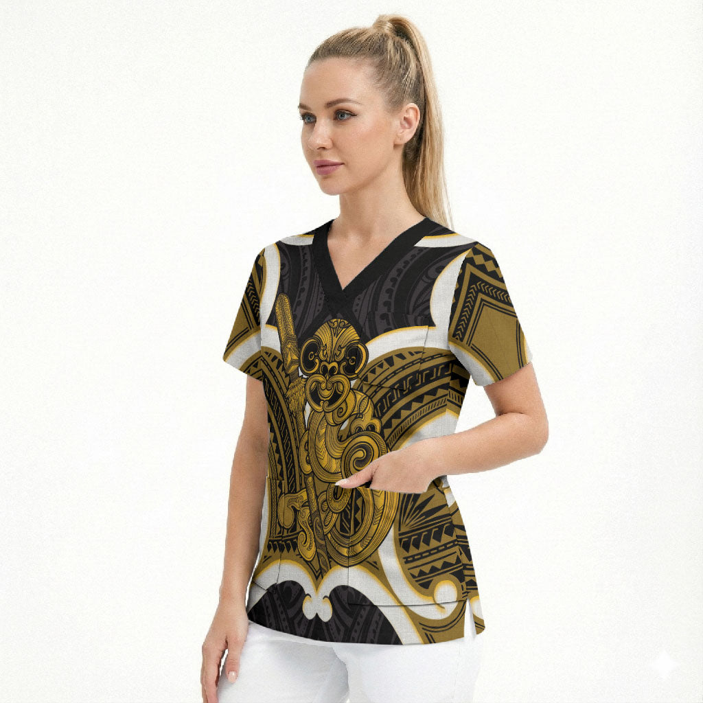 Kowhai Aotearoa Atua Tumatauenga Personalised Scrub Top Maori God Of War Tiki With Taiaha LT14 - Polynesian Pride
