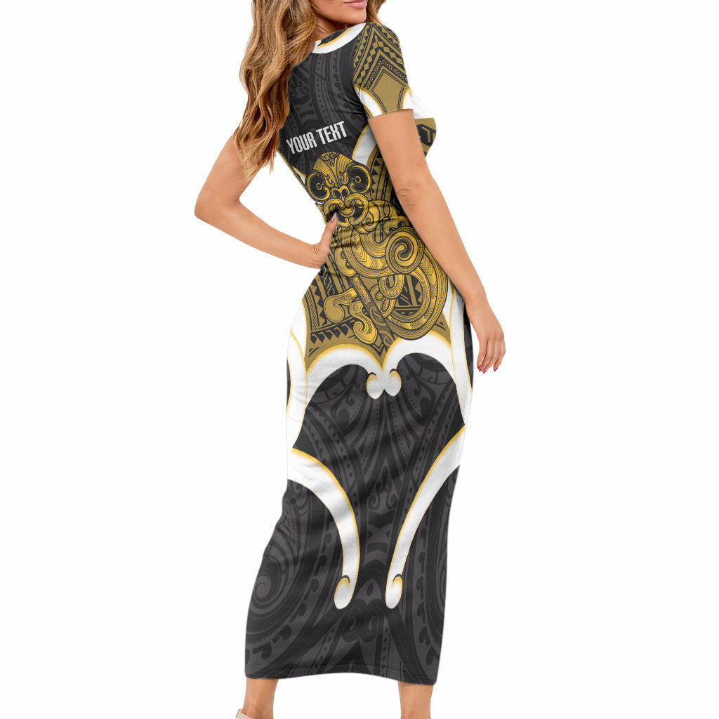 Kowhai Aotearoa Atua Tumatauenga Personalised Short Sleeve Bodycon Dress Maori God Of War Tiki With Taiaha LT14 - Polynesian Pride