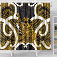 Kowhai Aotearoa Atua Tumatauenga Personalised Shower Curtain Maori God Of War Tiki With Taiaha LT14 - Polynesian Pride