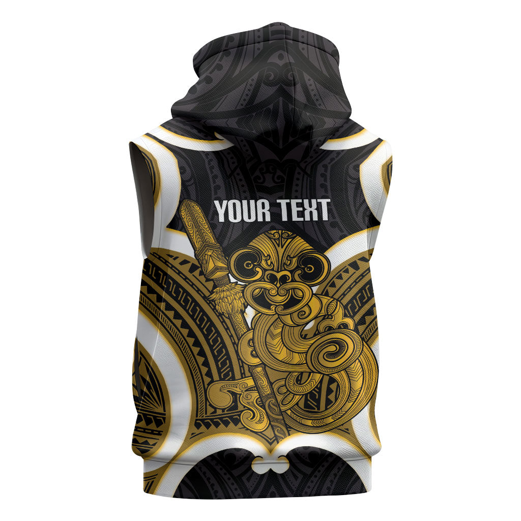 Kowhai Aotearoa Atua Tumatauenga Personalised Sleeveless Hoodie Maori God Of War Tiki With Taiaha LT14 - Polynesian Pride