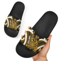 Kowhai Aotearoa Atua Tumatauenga Personalised Slide Sandals Maori God Of War Tiki With Taiaha LT14 - Polynesian Pride