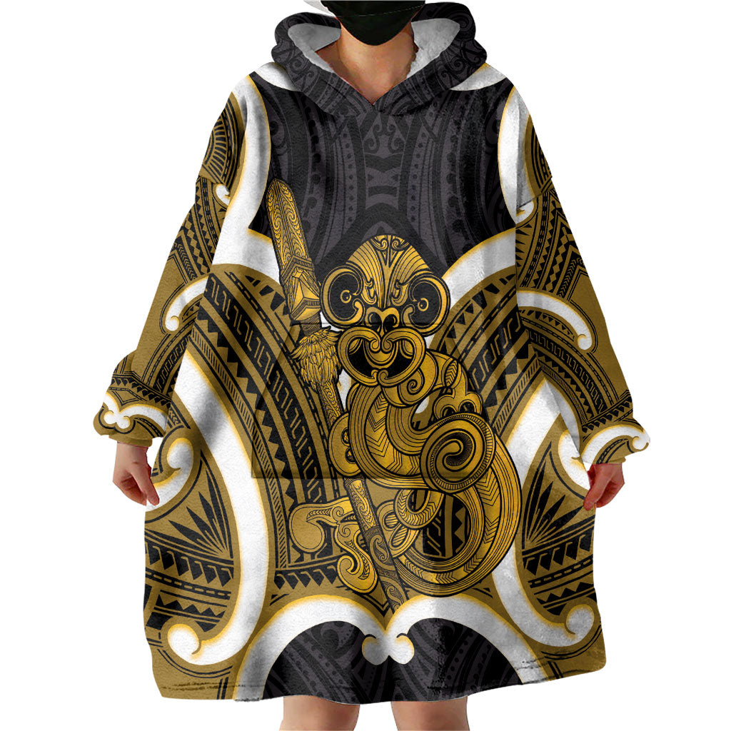 Kowhai Aotearoa Atua Tumatauenga Personalised Wearable Blanket Hoodie Maori God Of War Tiki With Taiaha LT14 - Polynesian Pride