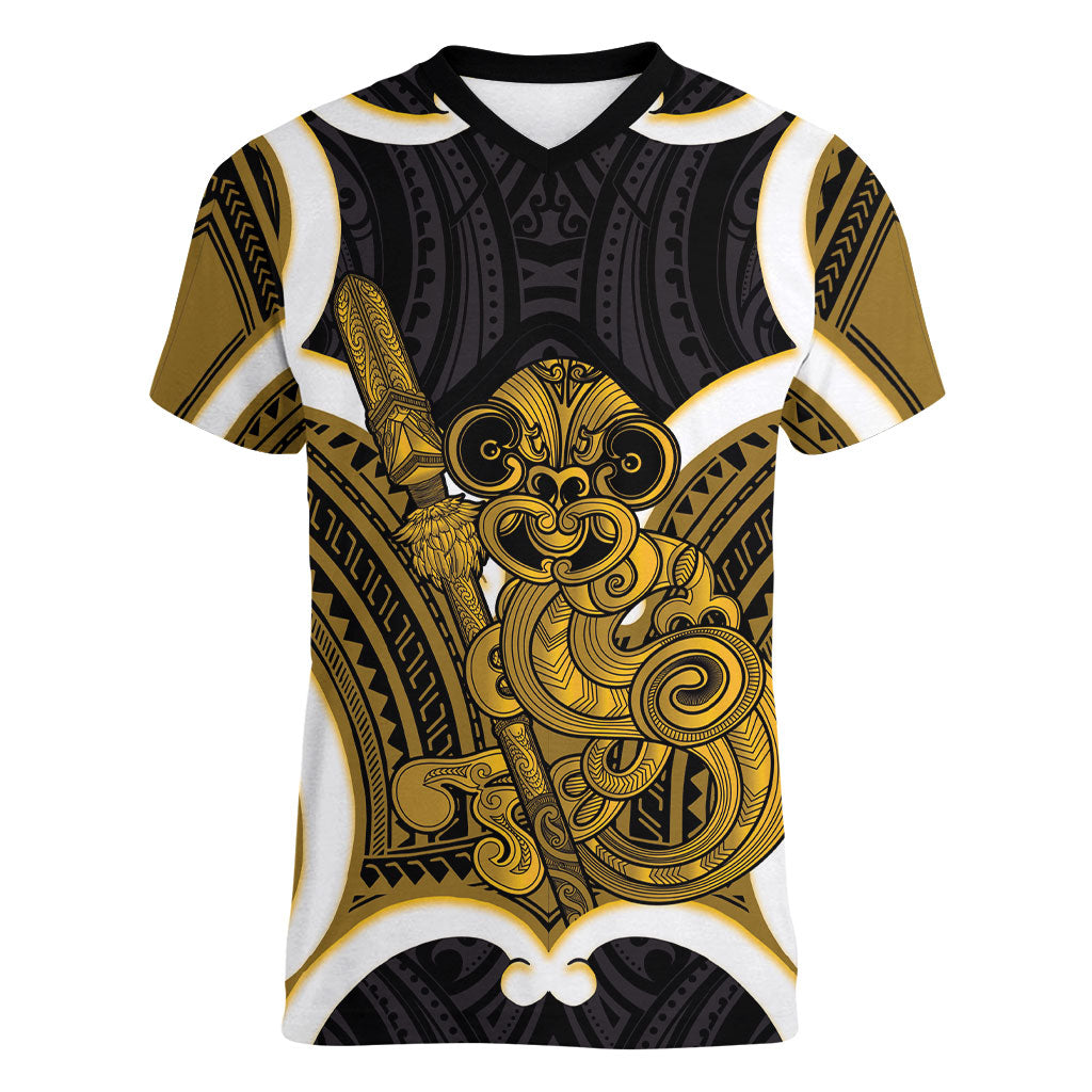 Kowhai Aotearoa Atua Tumatauenga Personalised Women V-Neck T-Shirt Maori God Of War Tiki With Taiaha LT14 Female Yellow - Polynesian Pride