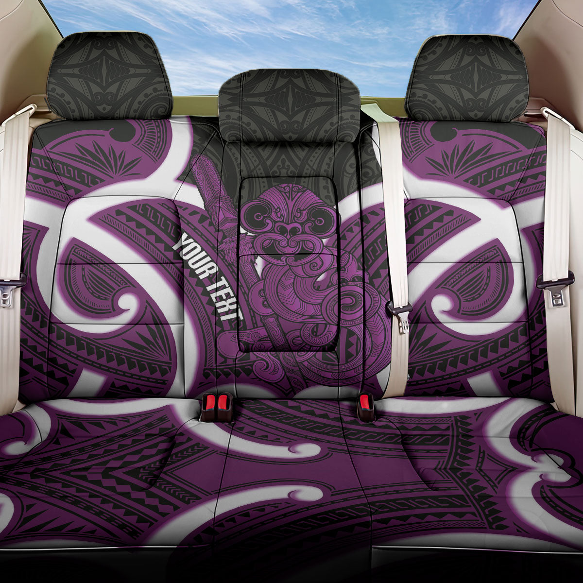 Waiporoporo Aotearoa Atua Tumatauenga Personalised Back Car Seat Cover Maori God Of War Tiki With Taiaha LT14 One Size Purple - Polynesian Pride