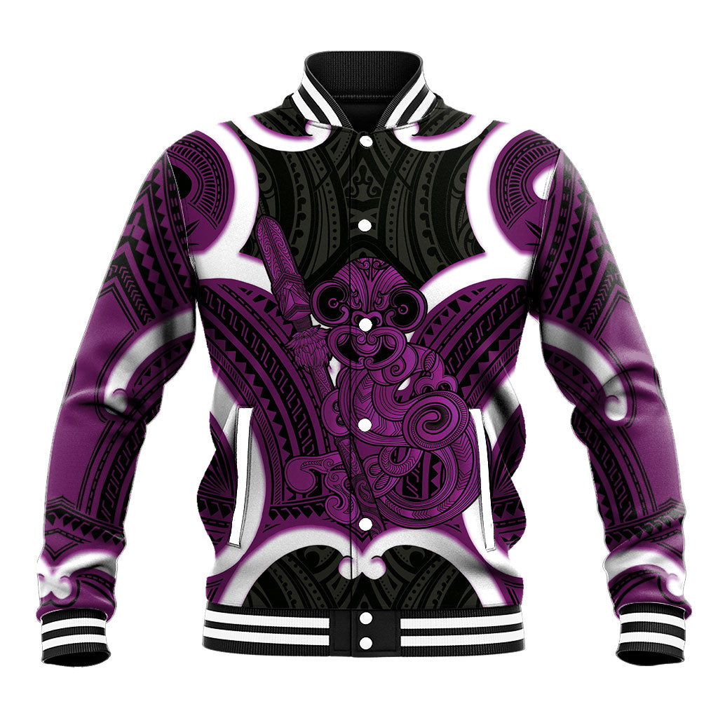 Waiporoporo Aotearoa Atua Tumatauenga Personalised Baseball Jacket Maori God Of War Tiki With Taiaha LT14 Unisex Purple - Polynesian Pride