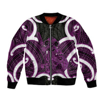 Waiporoporo Aotearoa Atua Tumatauenga Personalised Bomber Jacket Maori God Of War Tiki With Taiaha LT14 Unisex Purple - Polynesian Pride