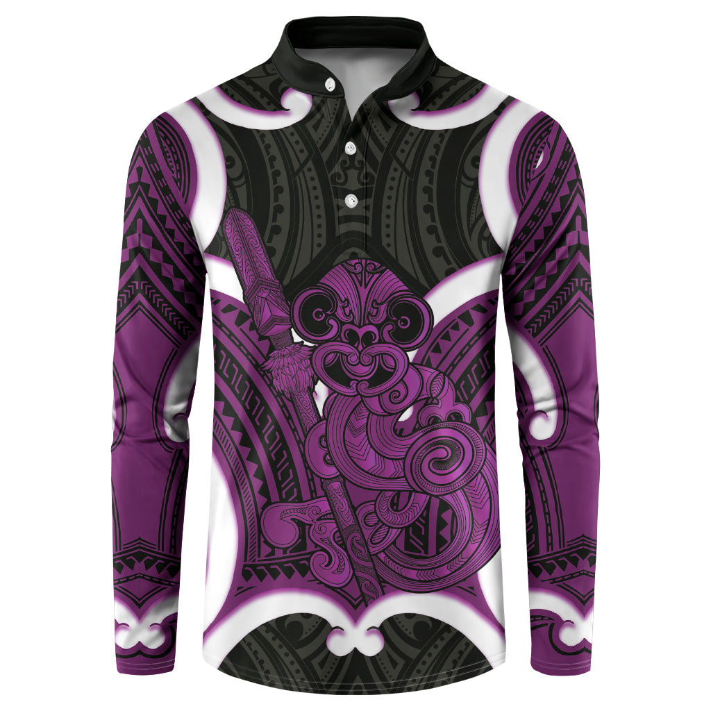 Waiporoporo Aotearoa Atua Tumatauenga Personalised Button Sweatshirt Maori God Of War Tiki With Taiaha LT14 Purple - Polynesian Pride